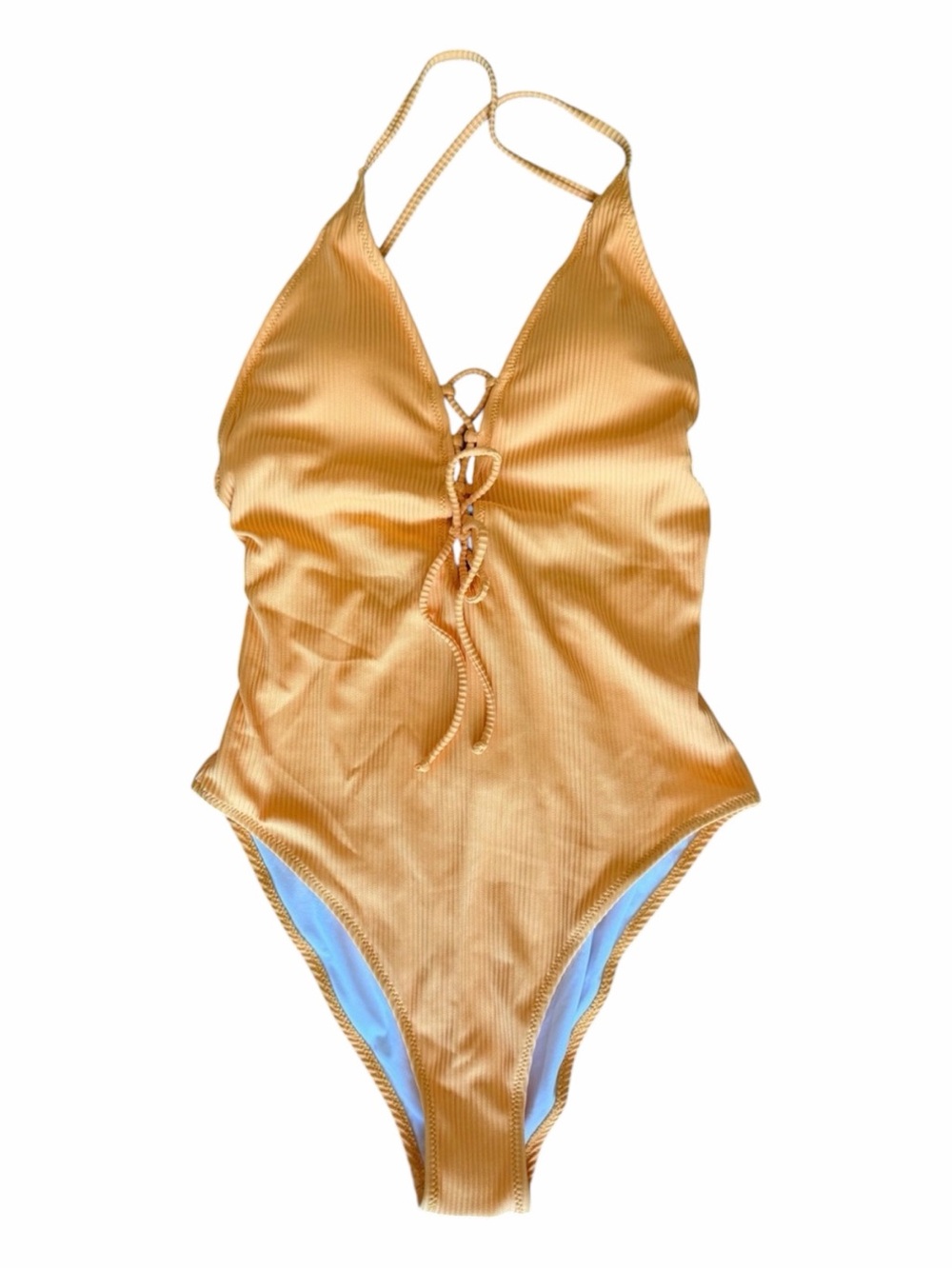 Cupshe Yellow Ribbed V-Neck One Piece Swimsuit - SIZE LARGE